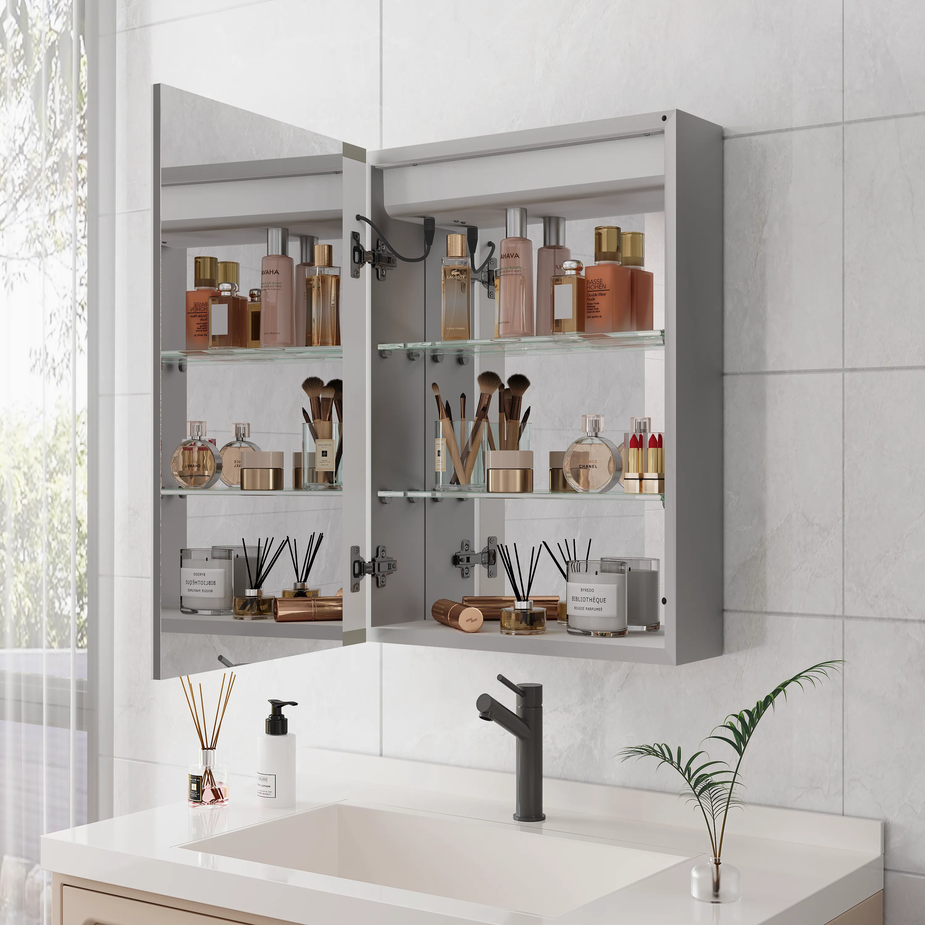 20 X 28 inch Bathroom Medicine Cabinet with Mirror Wall Mounted LED Bathroom Mirror Cabinet with Lights, Anti-Fog, Waterproof, Dimmable,3000K~6000K, Single Door,Touch Swich, Storage Shelves