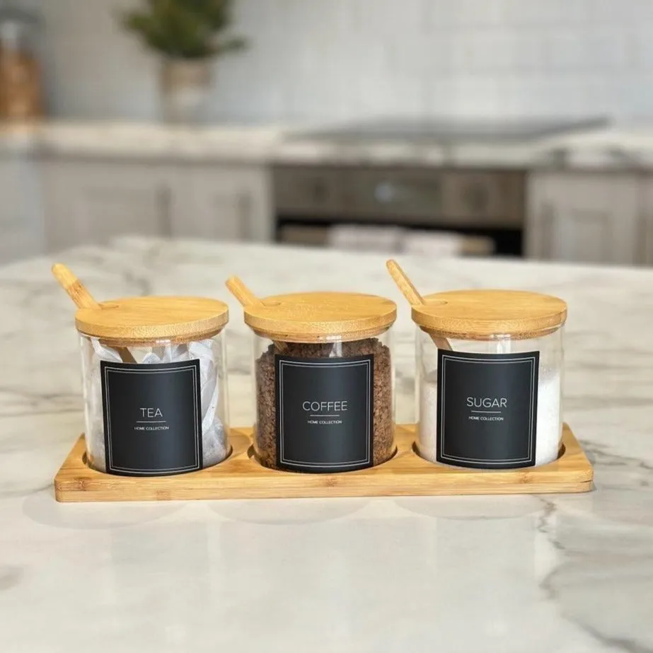 Tea Coffee Sugar Set of 3 Labelled Glass Jars with Bamboo Lid Spoon and Tray
