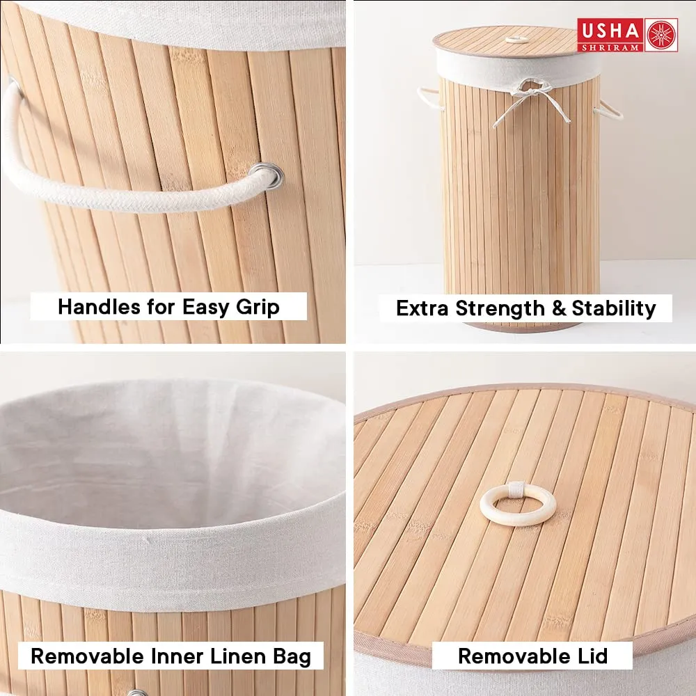 USHA SHRIRAM Foldable Bamboo Laundry Basket With Lid | Sustainable & Eco-Friendly | Travel Essential | Solid Laundry Basket (35cmx35cmx60cm) | Easy To Carry (2 Pcs, Dark Brown)